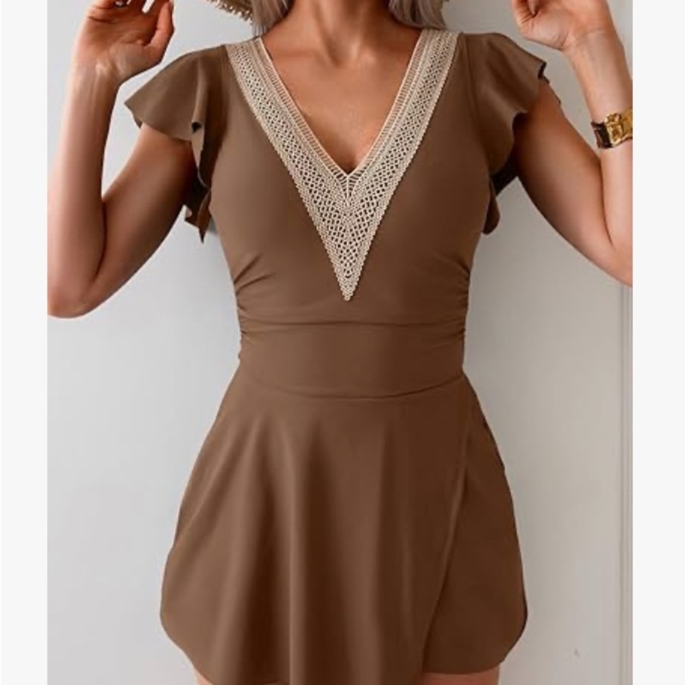 Elegant Brown V-Neck one piece swimsuit